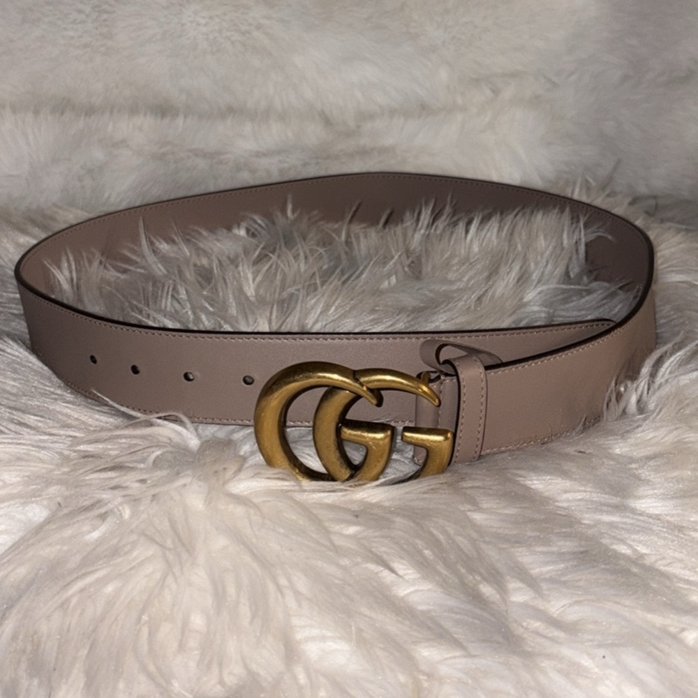 Gucci Double GG Marmont Wide Neutral Tan Leather Belt